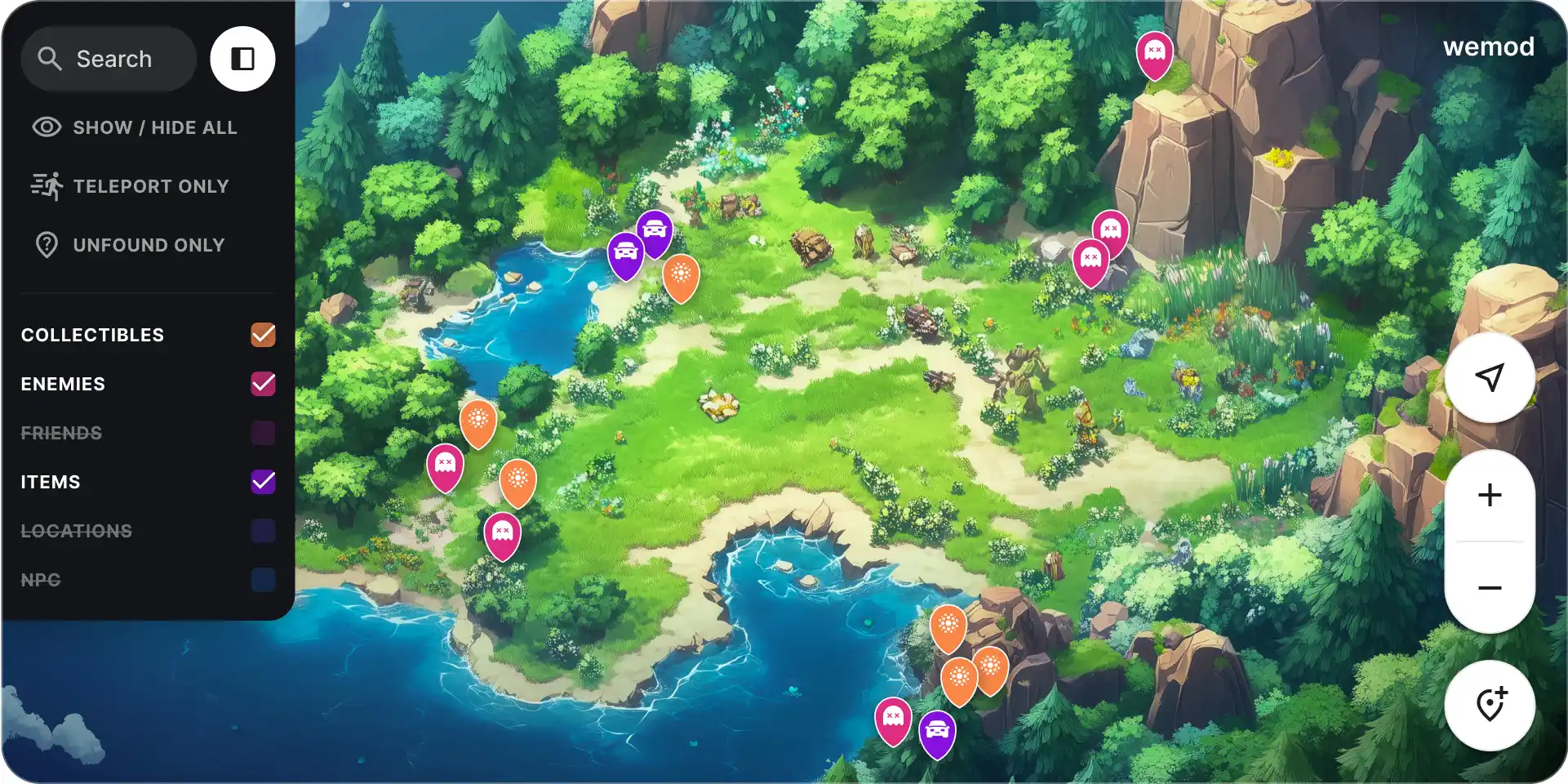 WeMod interactive game map with collectible and location markers